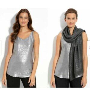 Eileen Fisher Antique Silver Sequin Fully Lined Silk Dress Blouse Petite